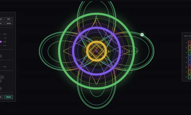 Interactive audio-visualizer interface displaying vibrant geometric patterns and musical rings