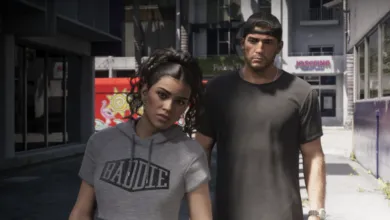 Lucia and Jason from Grand Theft Auto VI walking together on a sunny street.