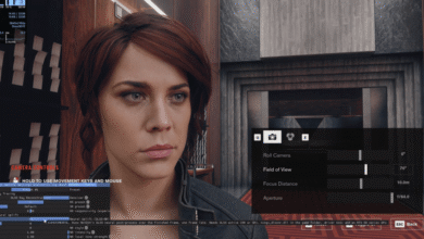 Close-up of Jesse Faden in Control with photo mode UI and performance metrics overlay.