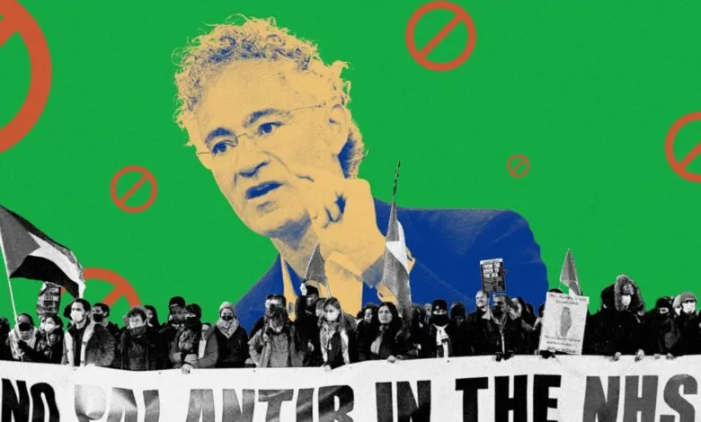 Alex Karp, Palantir CEO, overlaid on a green background above a crowd holding a banner saying No Palantir in the NHS