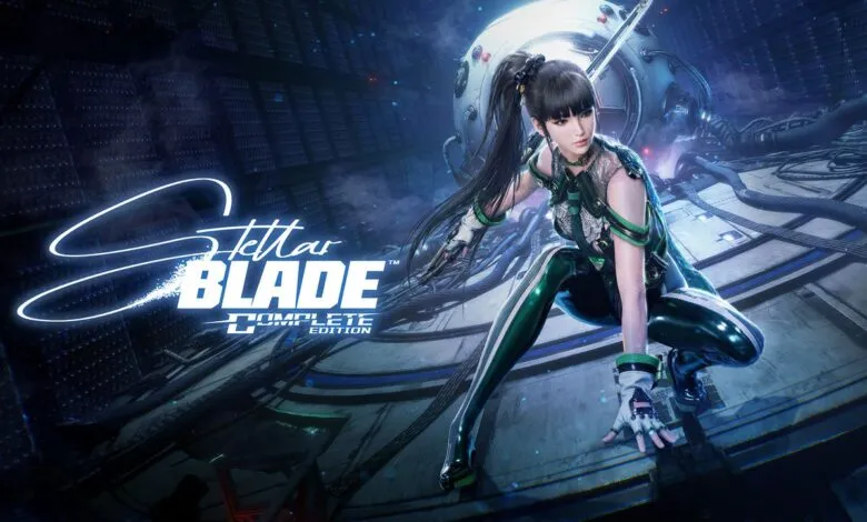 Eve from Stellar Blade crouching in a sci-fi setting near a futuristic pod.
