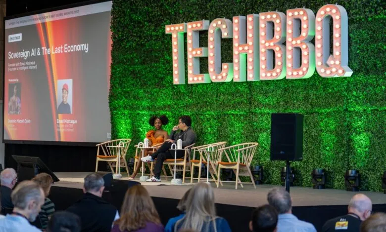 Dominic Madori Davis and Emad Mostaque speaking on stage at the TechBBQ conference.
