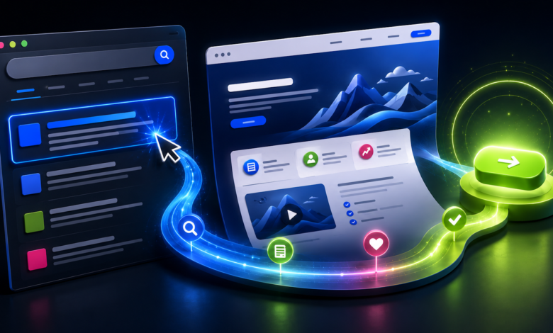 Digital graphic showing a glowing path from a search interface to a website and a green action button