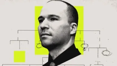 Portrait of entrepreneur and Palantir CEO Alex Karp against an abstract organizational chart background.