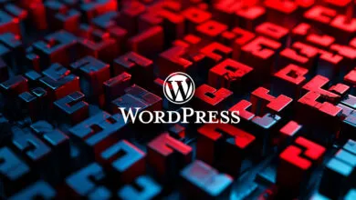 The WordPress logo overlaid on a futuristic background of glowing red and blue geometric blocks.