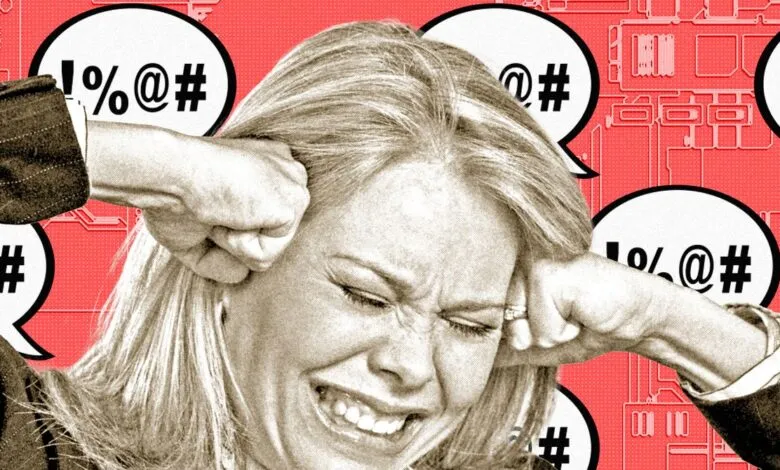 Frustrated woman pulls her hair in anger against a red circuit board background with profanity bubbles.