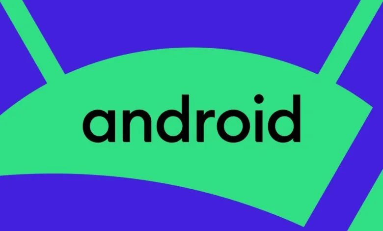 The lowercase black Android logo text centered on a bright green and purple abstract background.