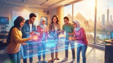 Diverse professionals gather around a glowing futuristic holographic data table in a modern office with Cairo skyline views.