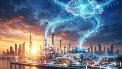 Futuristic industrial complex blending with glowing digital brain and city skyline at sunset