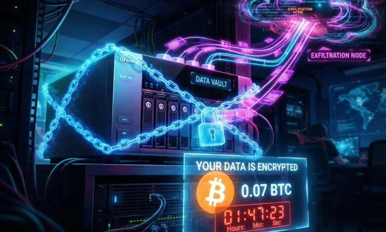 A server rack locked with digital chains and glowing blue and purple ransomware demand graphics.
