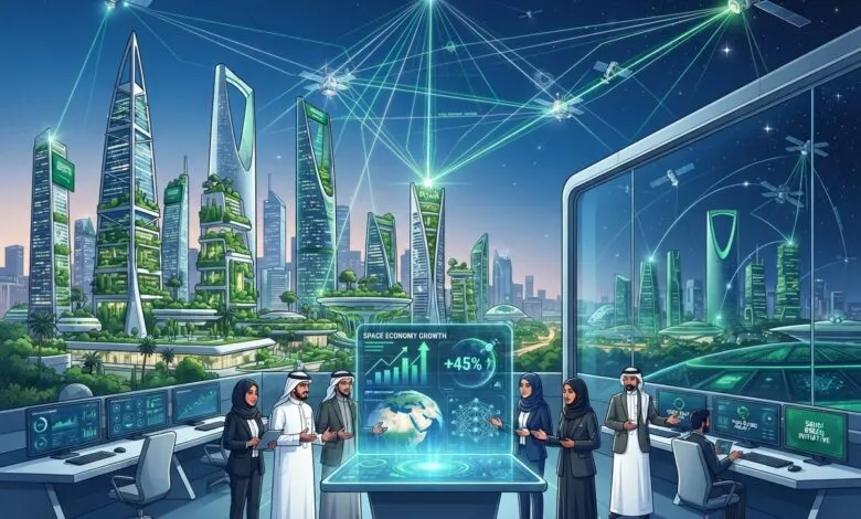 Futuristic control center overlooking a green smart city connected to satellites via glowing beams.