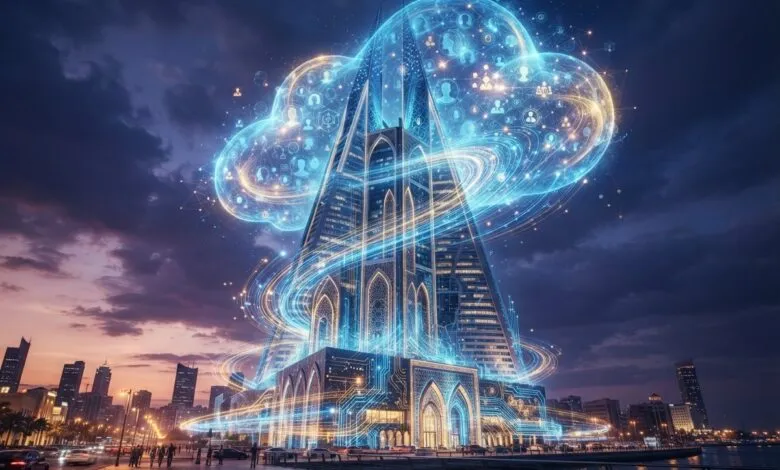 Futuristic skyscraper wrapped in glowing blue digital cloud network against evening city skyline