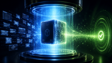 Futuristic cube floating inside a glowing digital cylinder with data streams and a green checkmark symbol.