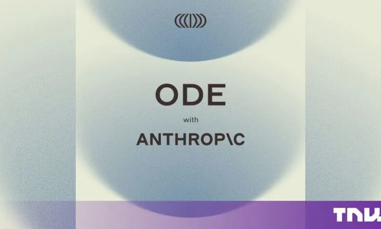Minimalist graphic featuring the text ODE with ANTHROPIC and a subtle logo against a textured background.