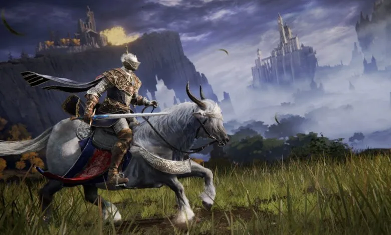 Armored knight riding a horned white horse across a grassy field toward a distant fantasy castle.