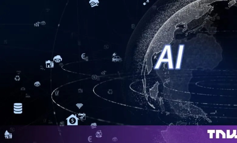 Digital globe graphic with glowing AI letters and floating tech icons on a dark blue background.