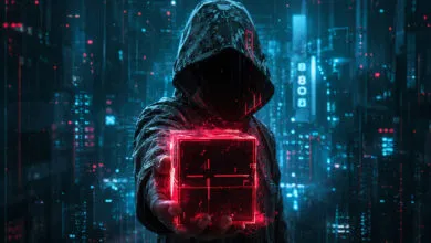 A hooded figure in a cybernetic city holds a glowing red futuristic cube in their hand.