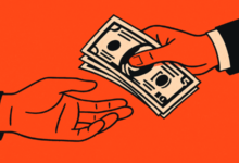 Illustrated graphic of one hand handing a stack of paper currency to another hand against an orange background.
