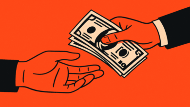 Illustrated graphic of one hand handing a stack of paper currency to another hand against an orange background.