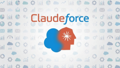 Claudefforce logo with blue and red cloud and profile icons against a patterned background