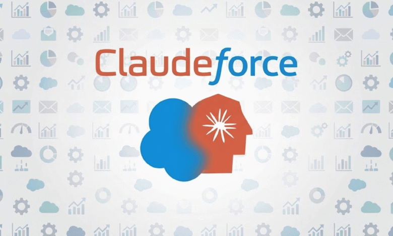 Claudefforce logo with blue and red cloud and profile icons against a patterned background