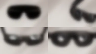 Four blurred panels showing different angles of black smart glasses or a headset against a light backdrop.