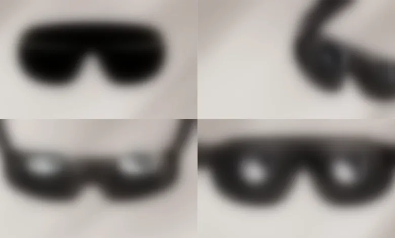 Four blurred panels showing different angles of black smart glasses or a headset against a light backdrop.