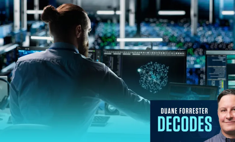 Duane Forrester analyzes complex data on multiple computer monitors in a server room.