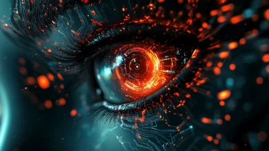 Close-up of a futuristic cybernetic eye glowing with fiery red and blue circuits and digital patterns.