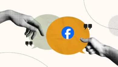 Halftone hands reaching toward each other over speech bubbles, featuring a Facebook logo.