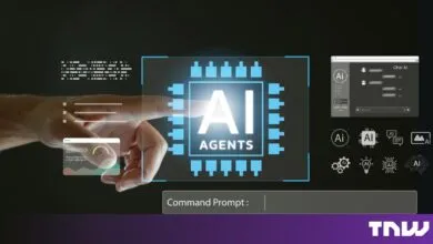 Human finger pointing at a glowing blue AI agents processor graphic with floating digital interfaces.