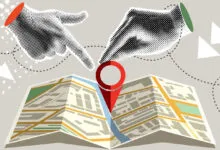 Contemporary halftone collage showing a map, hands, and a red location pin.