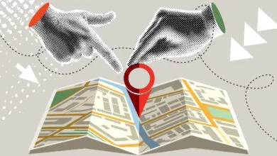 Contemporary halftone collage showing a map, hands, and a red location pin.