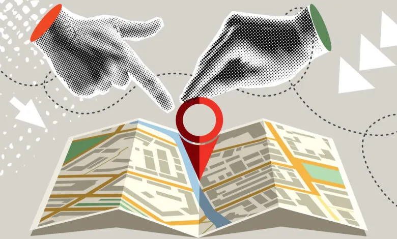 Contemporary halftone collage showing a map, hands, and a red location pin.