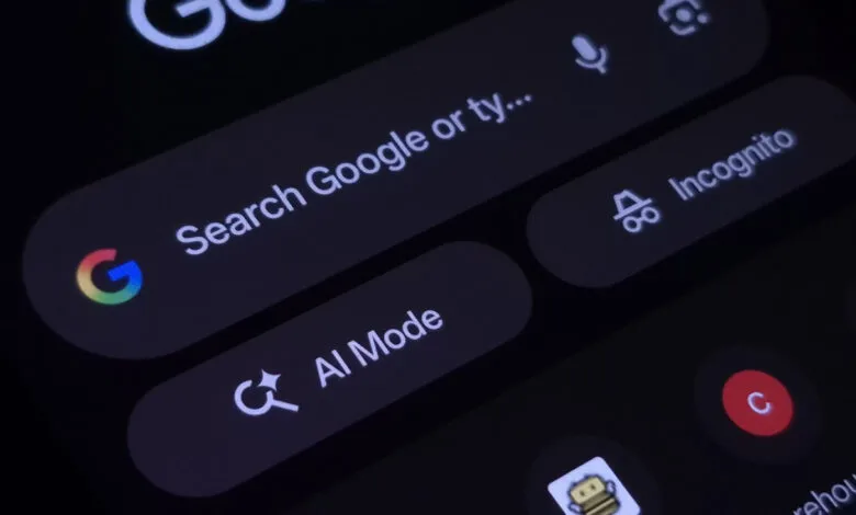 Close-up of a smartphone screen displaying the Google app interface with AI Mode and Incognito options.