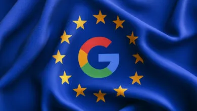 The Google multicolored G logo centered inside the circle of yellow stars on a blue European Union flag.