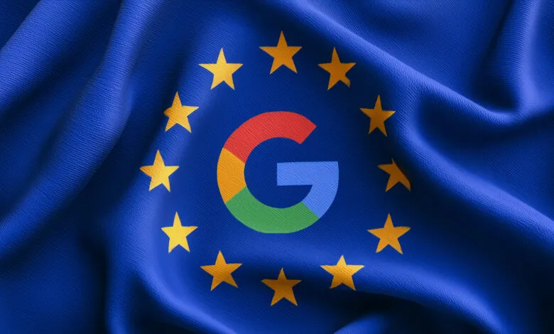 The Google multicolored G logo centered inside the circle of yellow stars on a blue European Union flag.