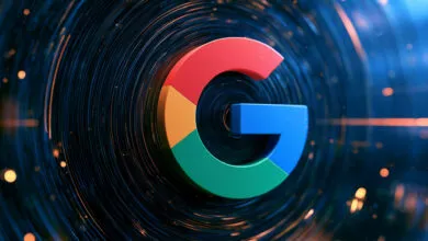 Multicolor Google G logo set against a dark blue cosmic vortex background with glowing light streaks
