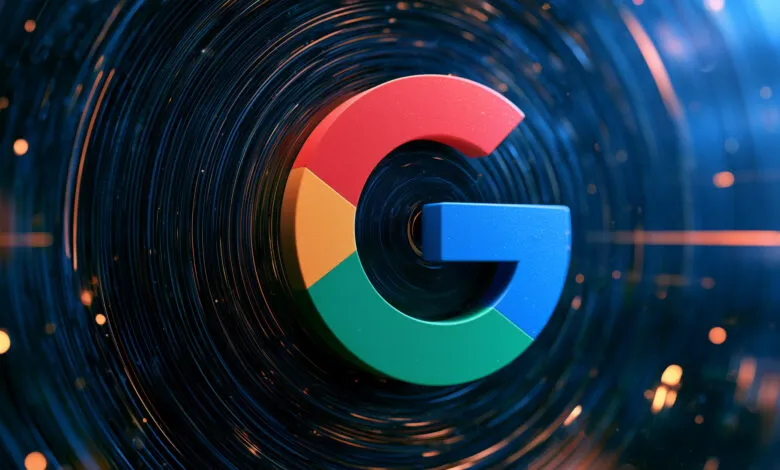 Multicolor Google G logo set against a dark blue cosmic vortex background with glowing light streaks
