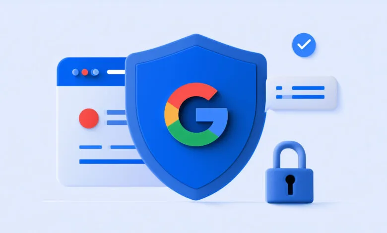 A 3D shield with the Google logo, a padlock, and a browser window on a light background