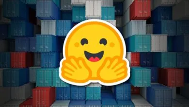 A smiling yellow hugging face emoji centered over a background of stacked shipping containers.