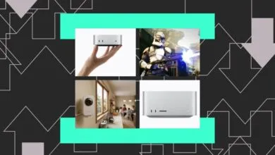 Four panels showing a compact server, a Star Wars clone trooper, a security camera, and another server.
