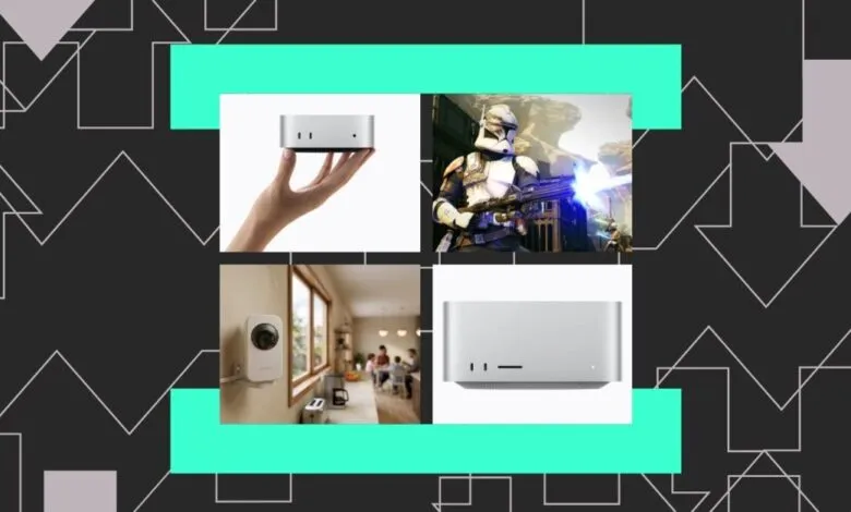 Four panels showing a compact server, a Star Wars clone trooper, a security camera, and another server.
