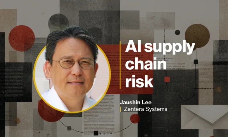 Portrait of Jaushin Lee from Zentera Systems against an abstract geometric background with AI supply chain text