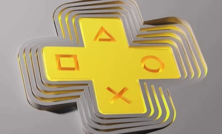 A stylized 3D PlayStation Plus logo featuring layered grey and vibrant yellow elements with controller symbols.