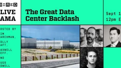 Wired Live AMA promo graphic for The Great Data Center Backlash featuring hosts Tim Marchman, Molly Taft, Maxwell Zeff, and Hugo Lowell.