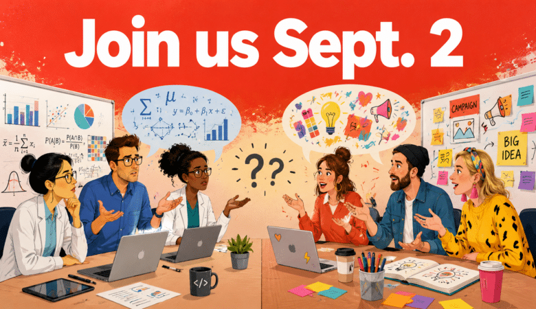 Illustration of two teams at a conference table with question marks between them and text Join us Sept. 2