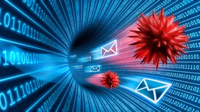 Red virus shapes and email icons rushing through a blue digital binary data tunnel