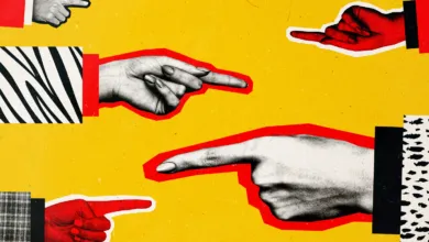 Collage of diverse hands pointing in different directions against a vibrant yellow background