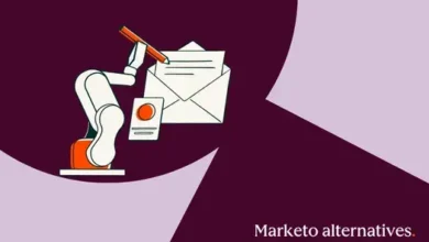 A white robot arm writes a letter next to an envelope on a dark purple background.